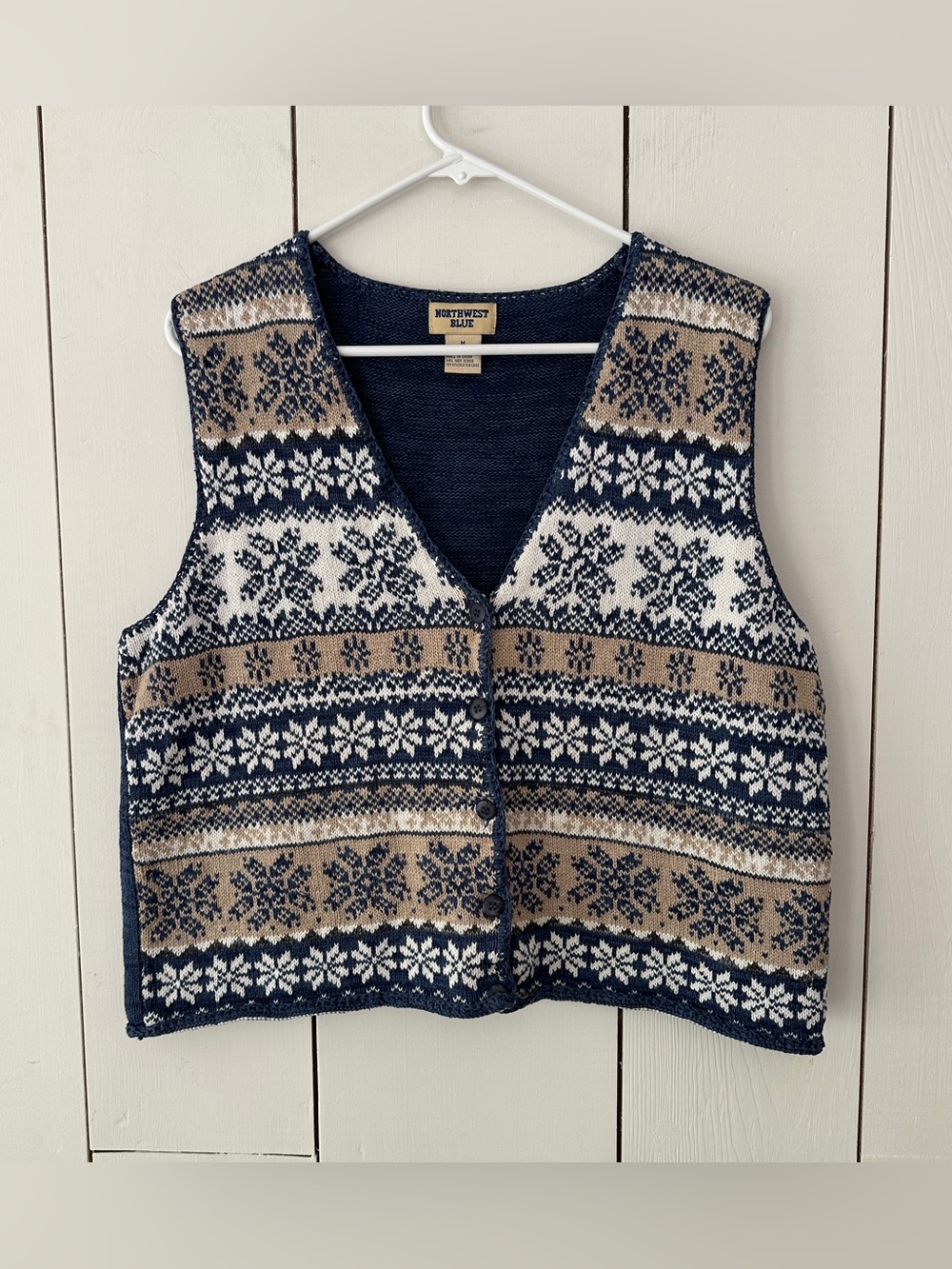 Vintage Northwest Blue Medium Knit Fair Isle Vest Sweater Button Front